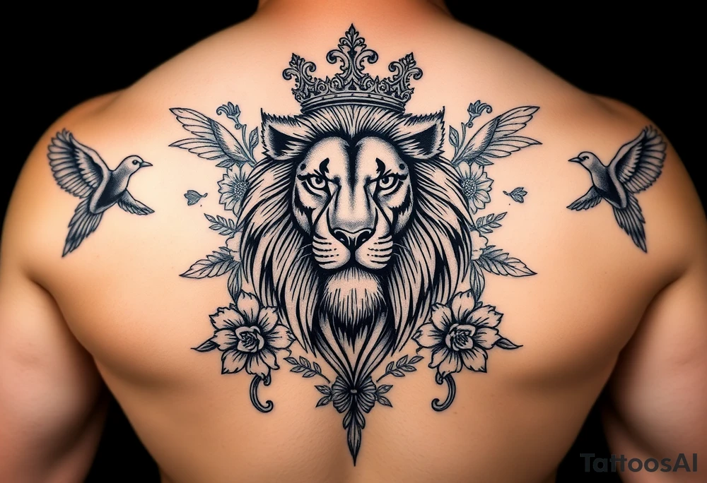powerful majestic lion with a crown, surrounded by floral ornaments and birds tattoo idea
