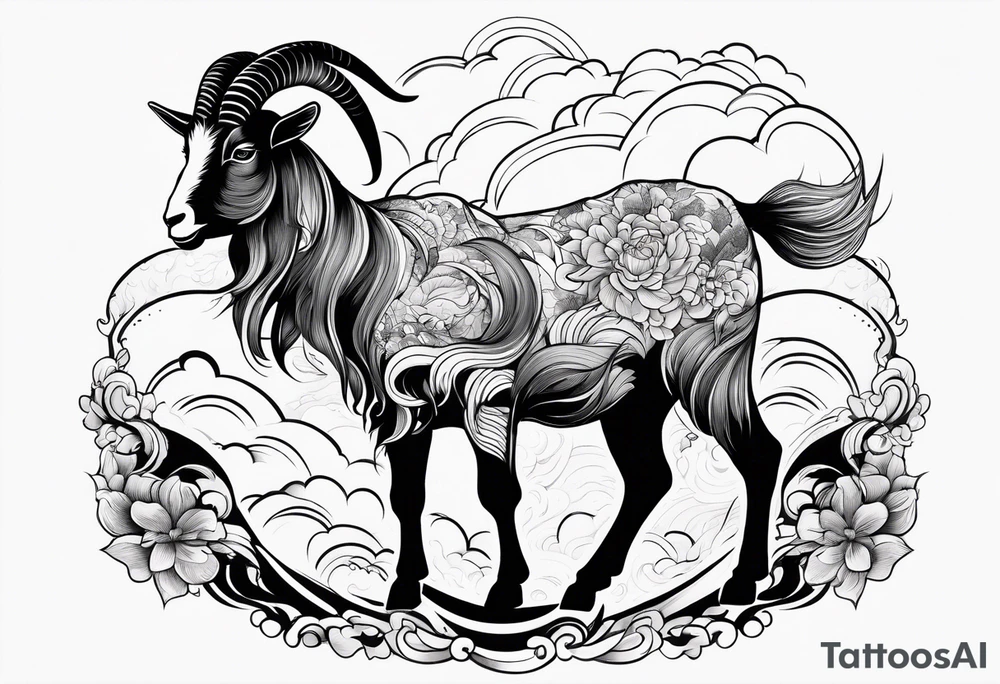 full body goat with clouds in japanese style tattoo idea