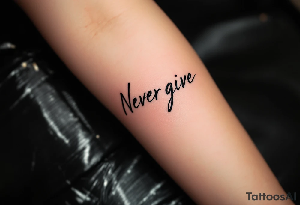 "Never give up" written in black brushstroke script with a red heartbeat line running underneath. tattoo idea