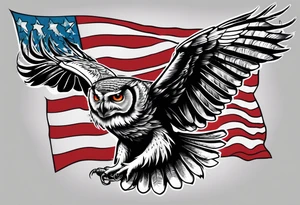 angry owl swooping down with talons holding an american flag tattoo idea