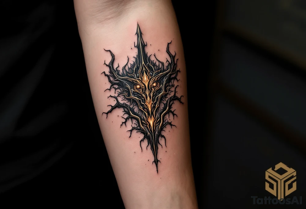 A fusion design of organic tendons and metallic elements in jet black and bronze, blending with skin through shadowed transitions. tattoo idea