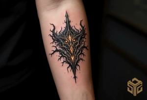 A fusion design of organic tendons and metallic elements in jet black and bronze, blending with skin through shadowed transitions. tattoo idea