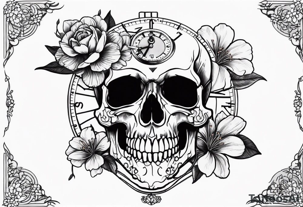 Stopwatch skull and cherry bloom tattoo idea