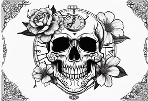 Stopwatch skull and cherry bloom tattoo idea