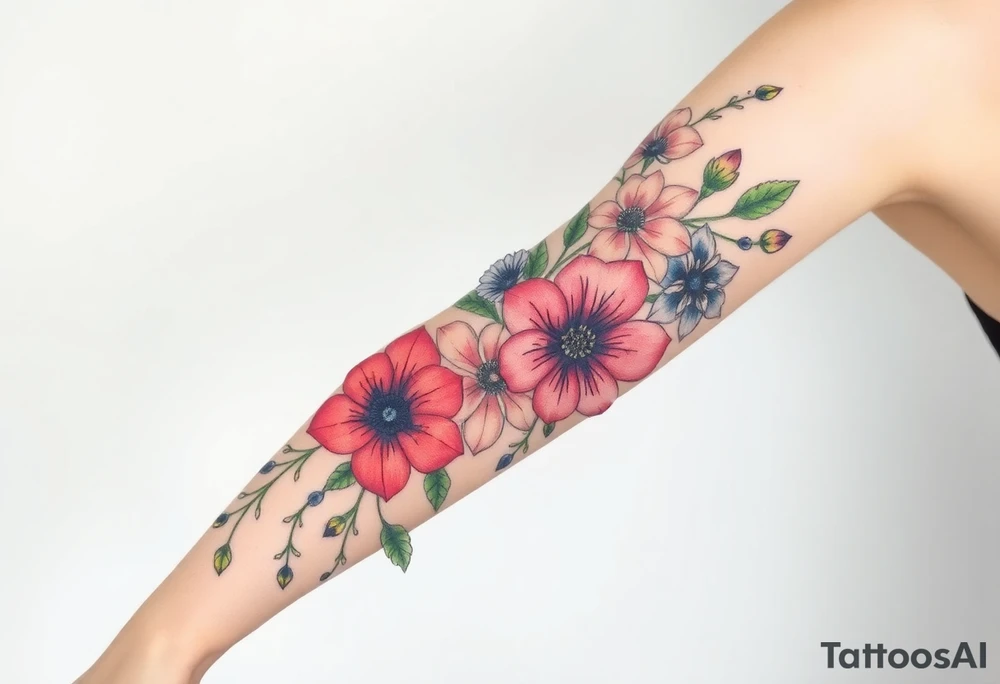 Fore arm tattoo in the neo american traditional style. I want to incorporate a few different flowers: Poppies, Morning Glory, Narcissus with green leaves in the background tattoo idea