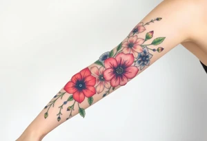 Fore arm tattoo in the neo american traditional style. I want to incorporate a few different flowers: Poppies, Morning Glory, Narcissus with green leaves in the background tattoo idea