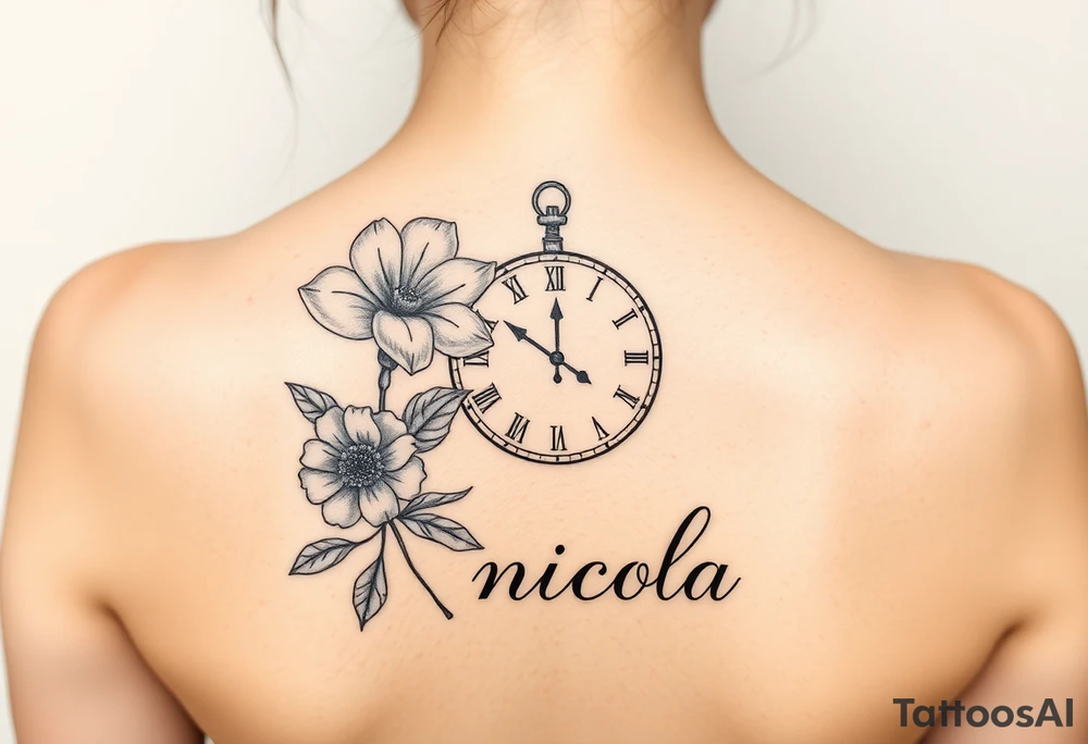 Fine line tattoo with March birth flower, a clock with the time 2pm and name nicola tattoo idea