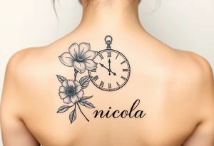 Fine line tattoo with March birth flower, a clock with the time 2pm and name nicola tattoo idea