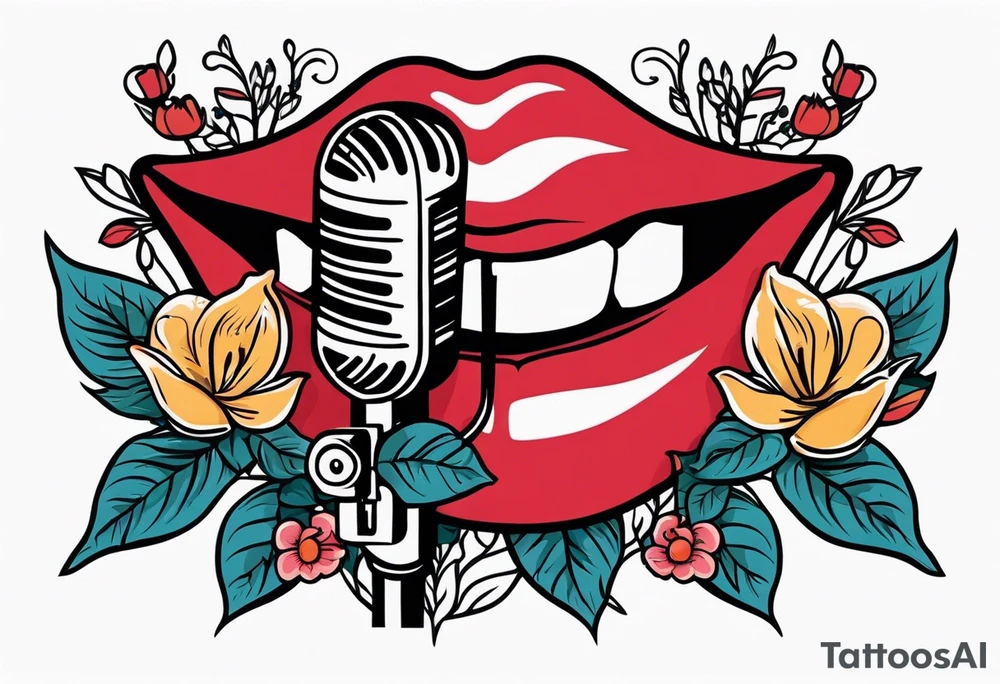 lips singing old school vintage traditional
flowers around and mouth next to microphone
bold and colorful simple design tattoo idea