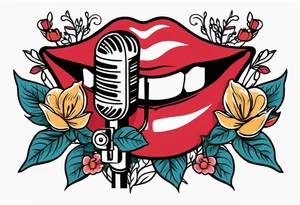 lips singing old school vintage traditional
flowers around and mouth next to microphone
bold and colorful simple design tattoo idea