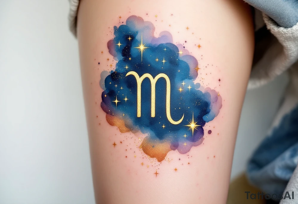 A sleek Virgo zodiac symbol (♍) embedded within a celestial design. Surrounding it are glowing stars, a crescent moon, and swirling cosmic dust in deep midnight blue and shimmering gold, representing Virgo’s connection to intelligence and mysticism. tattoo idea