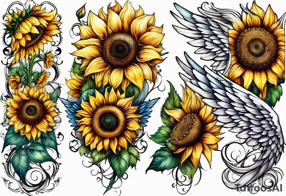 Sunflowers and angel wings leg sleeve tattoo idea