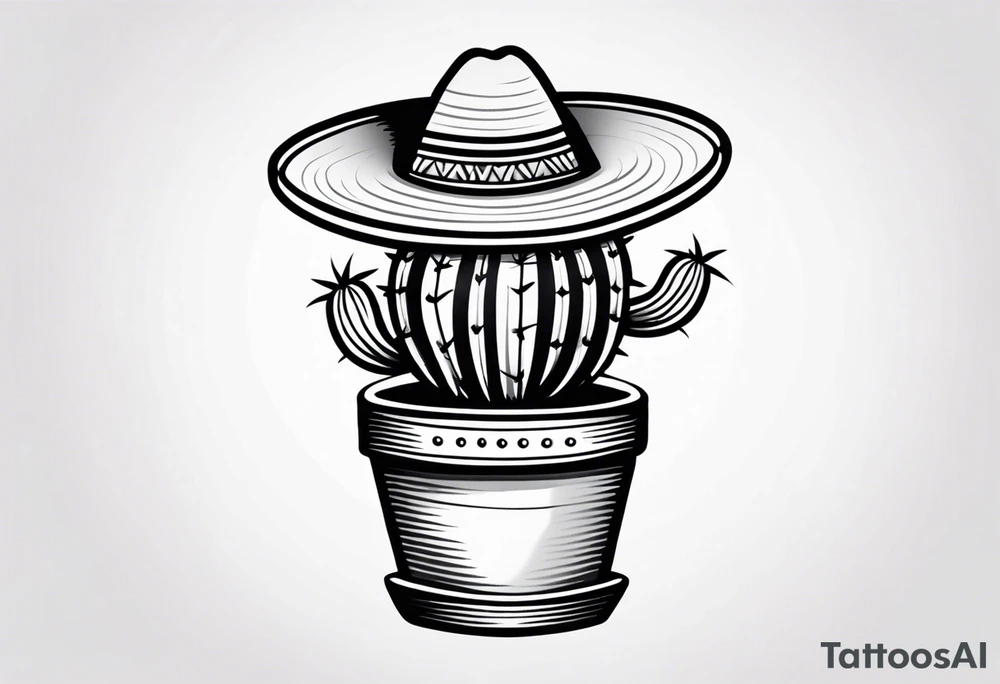 Cactus in a pot wearing a sombrero black and grey tattoo idea