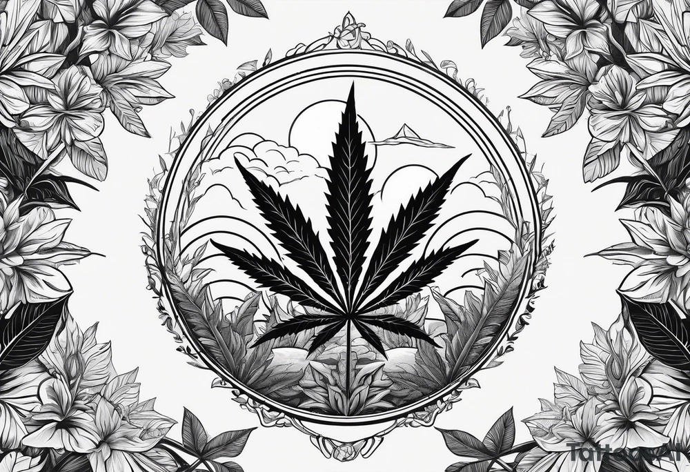 Minimal line art of cannabis plant from base to top with buds blooming. Around it are other plants like pothos leaves and mushrooms about to fruit. Incorporate the solar cycle and lunar cycle tattoo idea