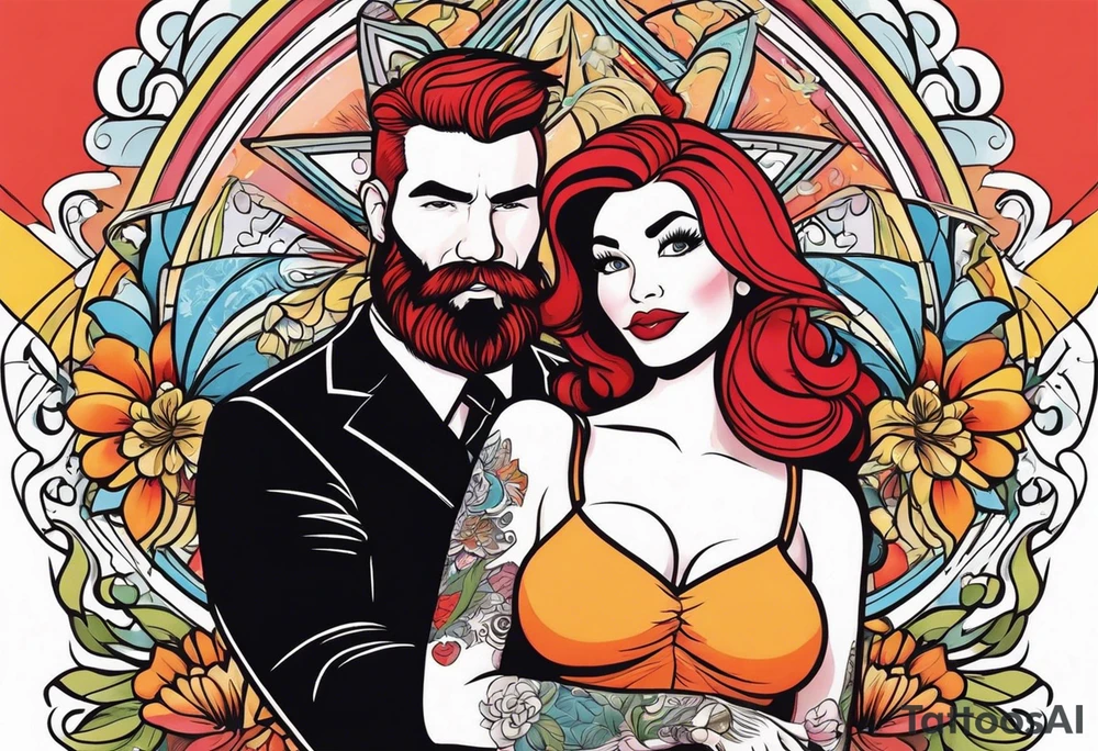 Busty Red haired woman with black haired bearded man tattoo idea