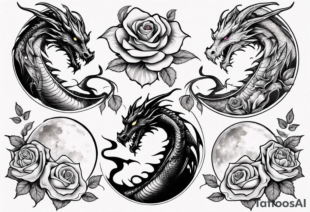 dragon with moon and roses tattoo idea