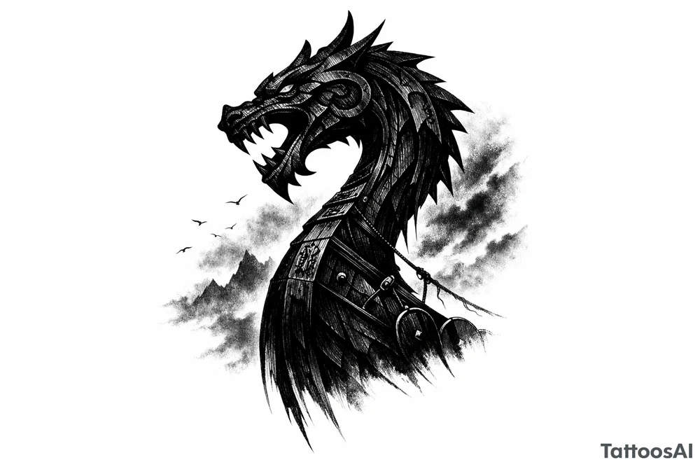 Silhouette of a Viking longship dragon head prow against a stormy, foggy sky. tattoo idea