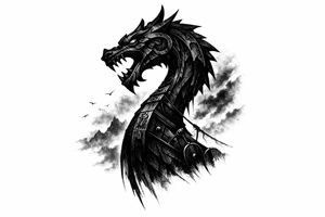 Silhouette of a Viking longship dragon head prow against a stormy, foggy sky. tattoo idea