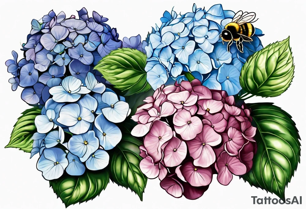 Small tattoo. There’s a hydrangea and a bee but they are not touching. Make the bee smaller than the hydrangea and have the bee off to the side. Bee is smaller than the hydrangea tattoo idea