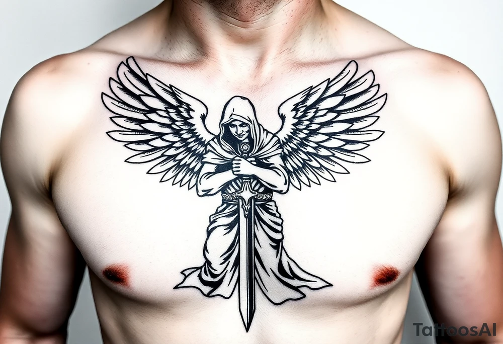 Warrior Angel with long sword  kneeling looking down cloak over head wings
 spread tattoo idea