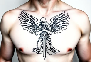 Warrior Angel with long sword  kneeling looking down cloak over head wings
 spread tattoo idea