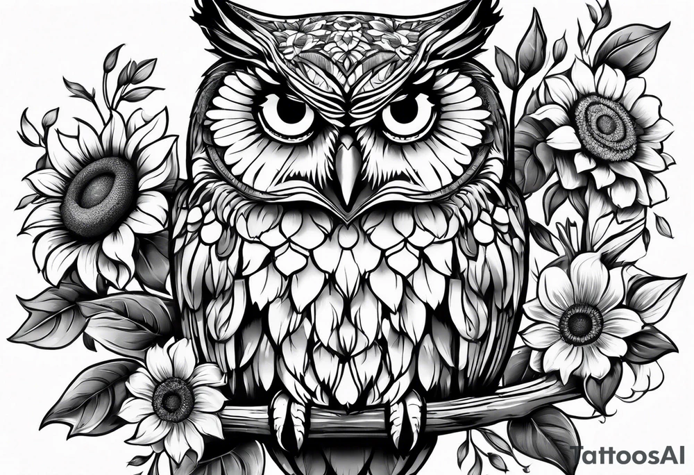 Arm sleeve with owl and sunflowers tattoo idea