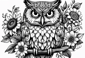 Arm sleeve with owl and sunflowers tattoo idea