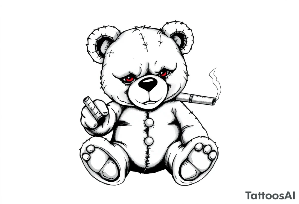 A black and white realistic tattoo design of a rebellious teddy bear. The bear looks worn out, with visible stitches, a torn ear, and a button eye. Some stuffing is peeking through its seams. It sits in a relaxed but tough pose, holding a smoking cigar in one paw. The bear has a smug yet tired expression, showing that it has been through a lot. Its eyes glow red as a minimal color accent. The style is detailed, dark, and edgy, perfect for a tattoo. tattoo idea