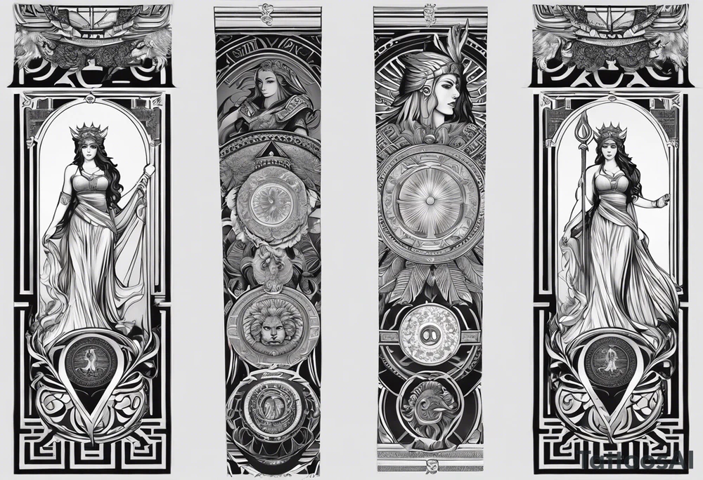 A full tattoo sleeve inspired by Greek mythology, centered around the Greek goddess Athena. Athena is portrayed with a strong, commanding presence, symbolizing wisdom, strength, and warfare. The design emphasizes bold, clean lines with a focus on sharp contrasts, creating a powerful and dynamic visual impact. Surrounding Athena, incorporate a mandala effect with geometric patterns that evoke a sense of order and strategy, reflecting her role as a warrior goddess. The sleeve also features masculine elements such as a fierce owl with piercing eyes, an ornate warrior’s helmet, and olive branches intertwined with Spartan-style armor, all seamlessly integrated into the design. The overall aesthetic is strong, rugged, and heroic, capturing the essence of Athena’s wisdom and martial prowess in a way that resonates with a masculine energy tattoo idea