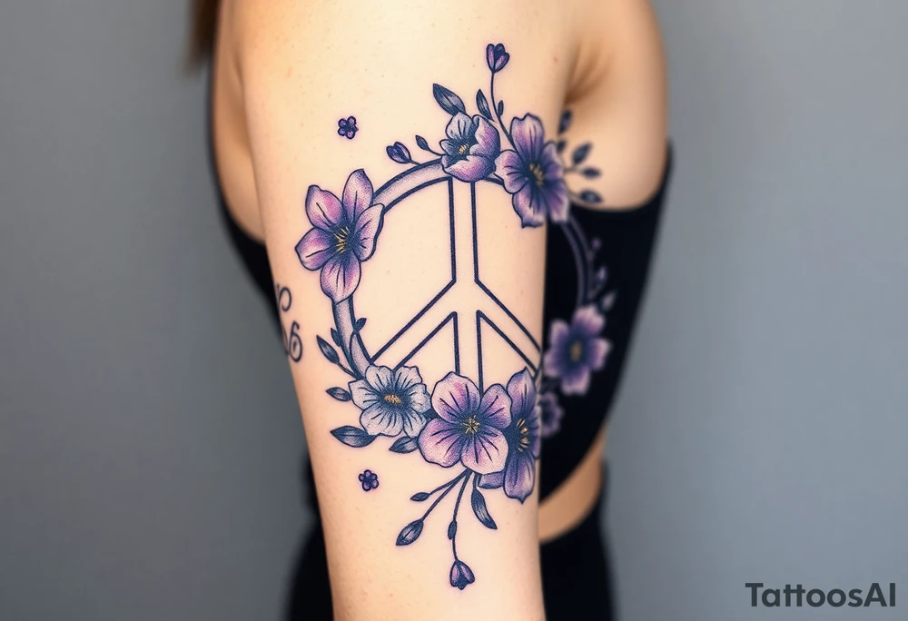 peace symbol intertwined with violets Pisces symbol, dog prints, amethyst, initials csb in cursive font tattoo idea