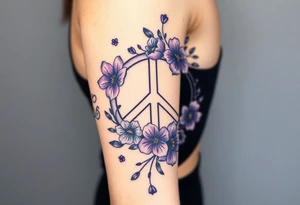 peace symbol intertwined with violets Pisces symbol, dog prints, amethyst, initials csb in cursive font tattoo idea