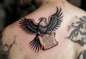 Silesian Eagle with an Old Scroll – The eagle gripping an ancient parchment with Silesian historical writings, the edges of the scroll slightly burnt, giving it an aged and mystical appearance. tattoo idea