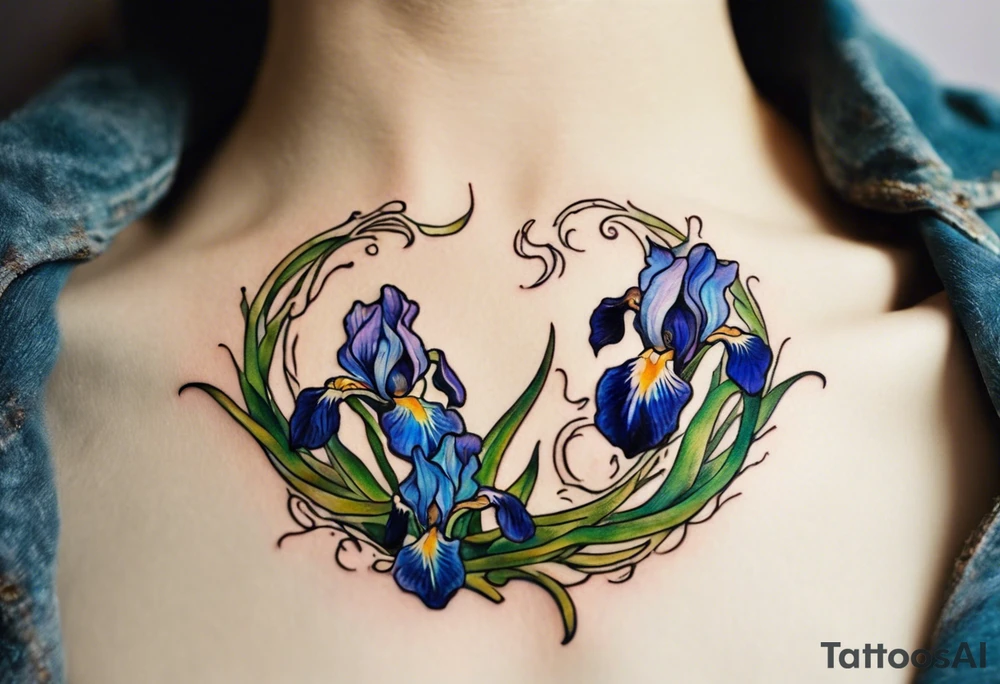 Create a small colorful Vincent van Gogh Irises tattoo in the form of a crescent, with vines gracefully intertwining at a central point in the middle of the wreath. The intended placement is on the upper chest. The overall design should be small in size while maintaining a delicate and artistic aesthetic. Pay attention to the graceful flow of the vines and the placement of the irises to achieve a refined and elegant look. tattoo idea