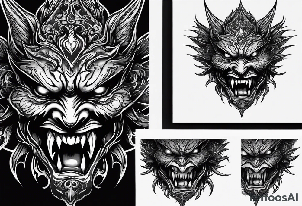 Create a dark tattoo design. The tattoo appears to be a detailed, realistic illustration of a sinister, demonic face. The face has intense features, including large, menacing eyes, a sharp, pointed nose, and a mouth filled with sharp, jagged teeth. He sticks out his long tongue. The design incorporates deep shadows and highlights, giving it a three-dimensional, almost lifelike appearance. Overall, the tattoo creates a haunting and powerful visual effect. tattoo idea