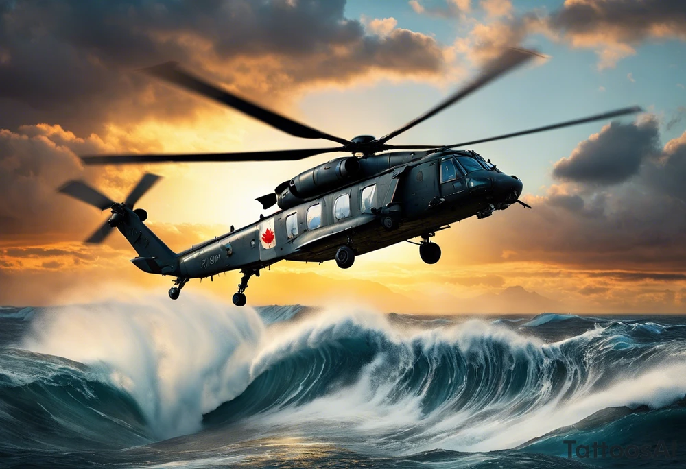 A cinematic-style tattoo depicting a Canadian military CH-148 Cyclone helicopter performing a daring maneuver over a turbulent ocean. The sky should be filled with dramatic clouds, and the sun should be setting, casting long shadows. The helicopter should be the main focus, with intricate details and a sense of motion. In the background, a poppy should be prominently displayed, and a quote from 'Lest We Forget' should be included, black and white tattoo tattoo idea