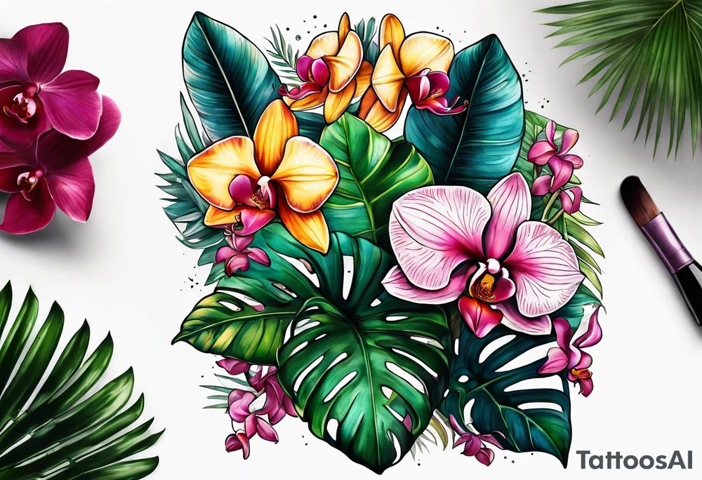 Tropical foliage and orchids tattoo idea