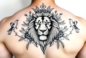 powerful majestic lion with a crown, surrounded by floral ornaments and birds tattoo idea