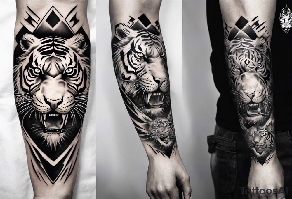 Tiger Warrior sleeve tattoo with lightning and the sun
Forearm sleeve tattoo idea