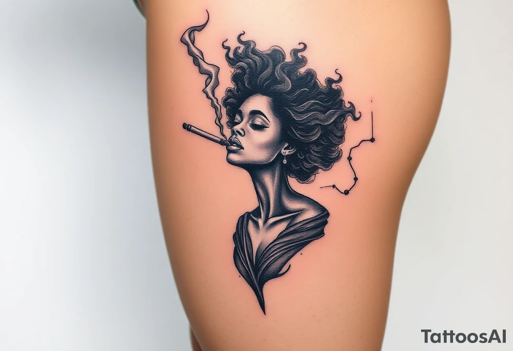 Afro Woman smoking while floating in outer space tattoo idea