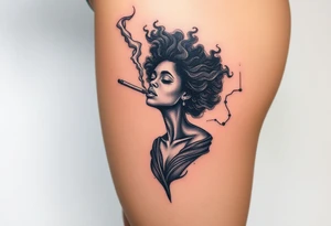 Afro Woman smoking while floating in outer space tattoo idea