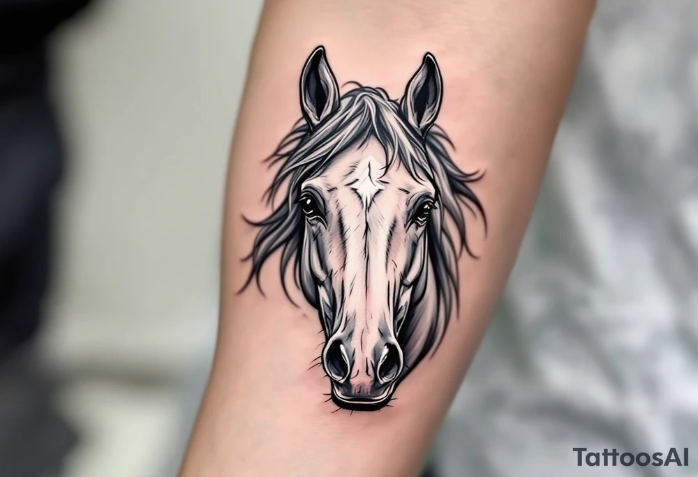 Old Soul Horse – A gray horse with a weathered expression, soft white around the eyes and muzzle, giving a sense of wisdom and calm. tattoo idea
