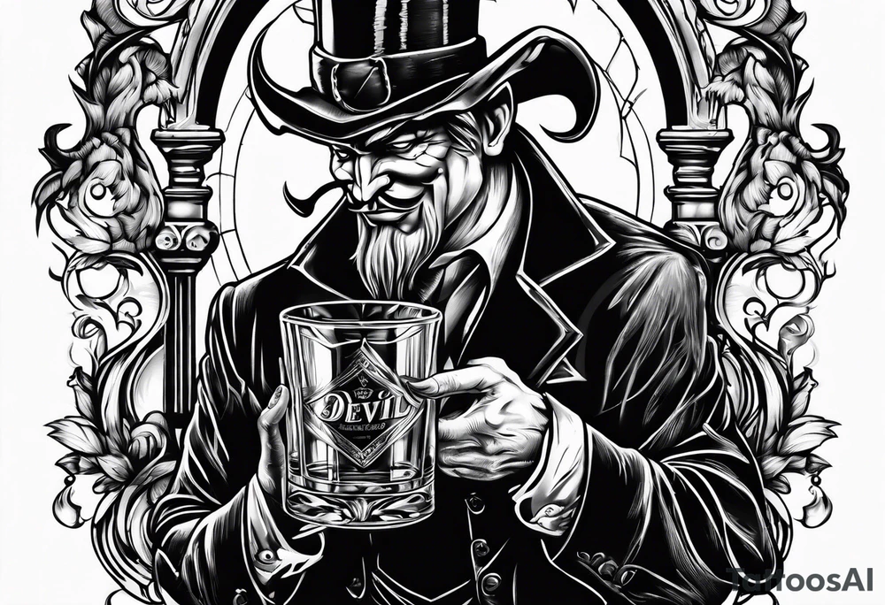 Devil holding whiskey bottle tattoo idea