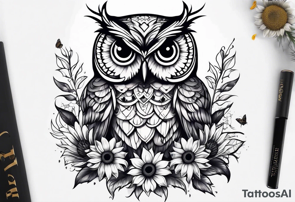 Owl with butterfly and sunflower tattoo idea
