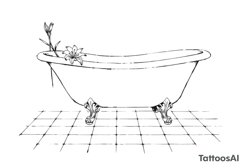 Clawfoot bathtub with lily coming up from tile floor tattoo idea