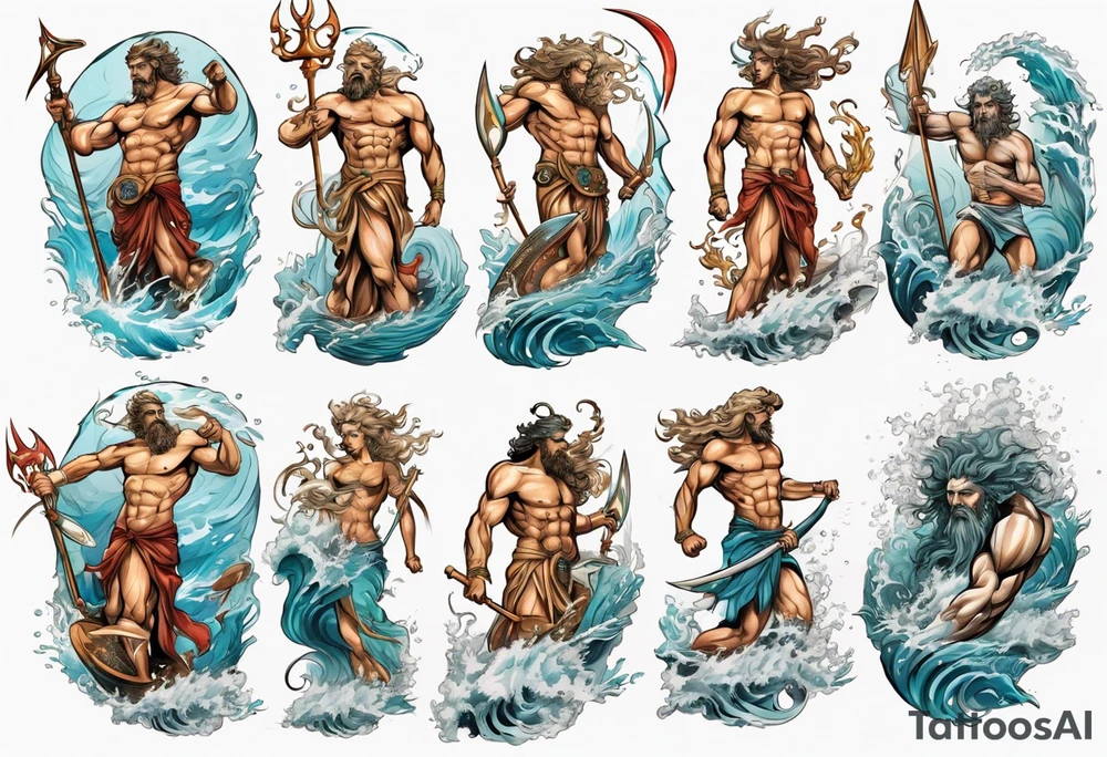 Ancient Greek gods of the sea fighting with surfer  and trident tattoo idea