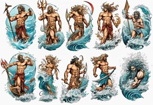 Ancient Greek gods of the sea fighting with surfer  and trident tattoo idea
