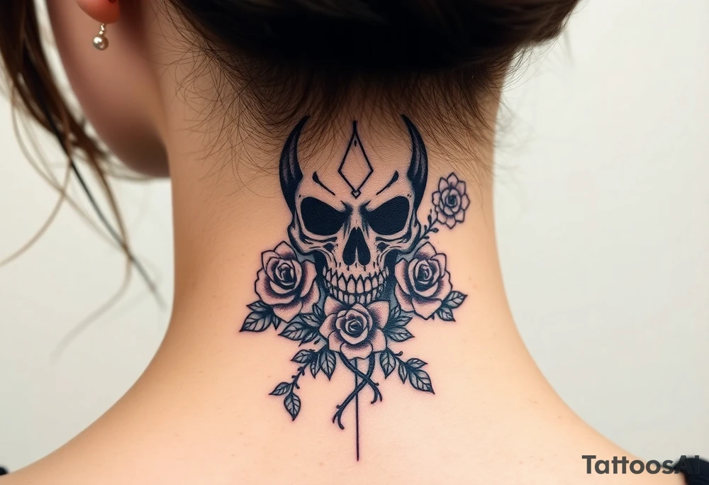 gothic skull intertwined with climbing roses and thorny vines tattoo idea