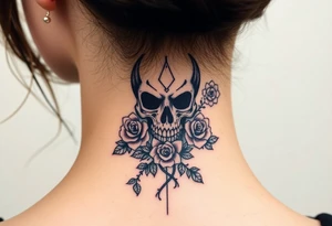 gothic skull intertwined with climbing roses and thorny vines tattoo idea