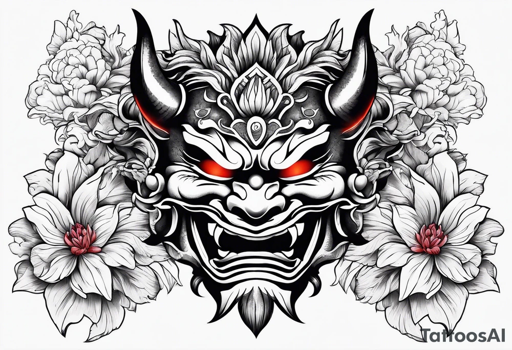 oni mask with flower petals around it tattoo idea