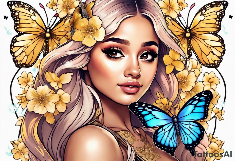 Ariana Grande with blonde hair surrounded in a golden aura with cherry blossoms and white butterflies with a key that unlocks a heart tattoo idea